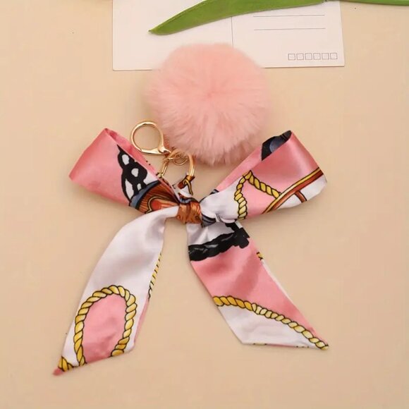 Chic Twilly Style Pink Bow Pom Pom Handbag Charm Keychain Accessory - Picture 4 of 5